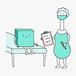 cartoon sketch of peri bottle dressed as doctor talking to kit, the patient about her upcoming c-section.