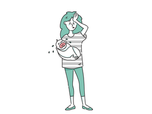 sketch of postpartum mom holding crying baby