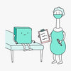 cartoon sketch of peri bottle dressed as doctor talking to kit, the patient about her upcoming c-section. 
