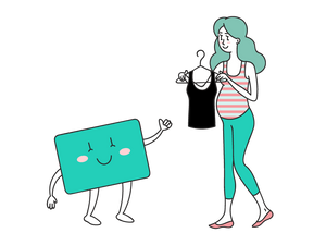 cartoon sketch of pregnant mom holding a tank top shopping with the gift card character
