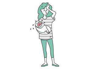 cartoon sketch of mom with headache and holding a crying baby 