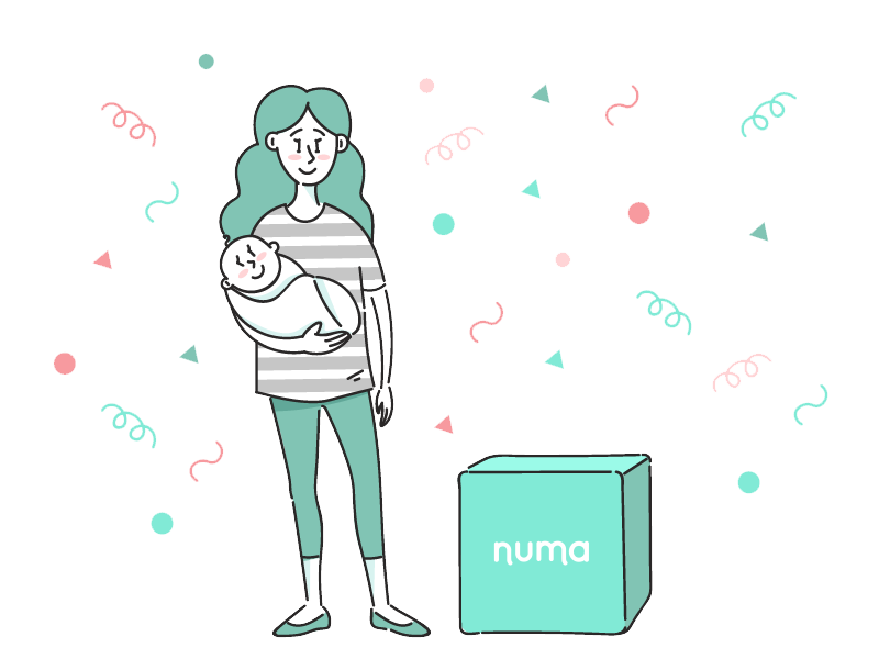 cartoon sketch of mom holding baby with numa kit by her side