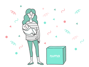 cartoon sketch of mom holding baby with numa kit at her side